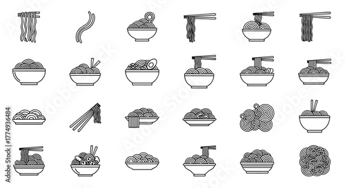 Collection of noodle icons and symbols in outline style, perfect for graphic and web design, apps, adverts, and various cards. This vector cartoon illustration features a white background and an