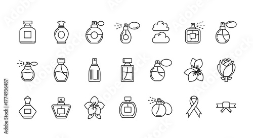 Collection of minimalistic line icons representing perfume bottles, flowers, and ribbons, perfect for web design, graphic design, apps, banners, social networks, and cards. This vector cartoon