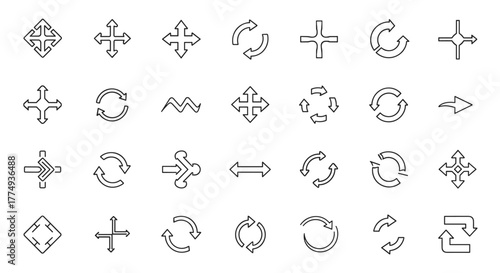 Diverse Collection of Arrow Line Icons: A Comprehensive Set of Outline Signs for Graphic Design, Web Development, App Interfaces, Advertisements, and More. This Vector Illustration Features Various