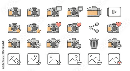 Collection of outline icons representing cameras, video cameras, and image-related actions like adding, deleting, sharing, liking, and settings, perfect for digital interfaces, infographics, and