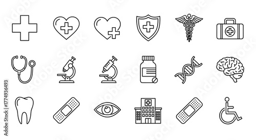A comprehensive collection of medical and healthcare-related line icons, featuring a cross, heart with cross, shield with cross, caduceus, first aid kit, stethoscope, microscope, syringe, pill