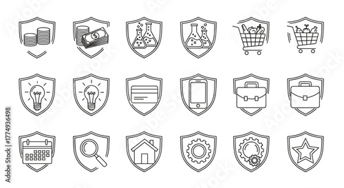 Collection of simple linear shield outline icons representing business, finance, science, and lifestyle concepts, including money, coins, lab flasks, shopping carts, lightbulbs, credit cards