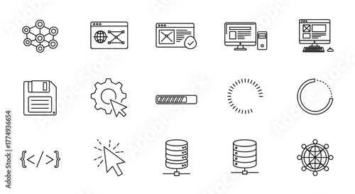 Information Technology Web Icon Set in Line Style: A comprehensive collection featuring network nodes, browser windows with globe and checkmark, desktop computers, floppy disk, gear with cursor