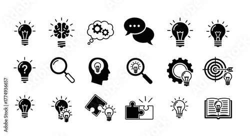 Collection of creative idea icons, including lightbulbs, brains, and magnifying glasses, symbolizing brainstorming, solutions, thinking, and innovation. This vector set offers a solid visual