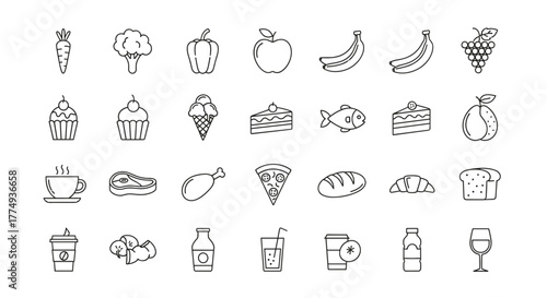 A comprehensive collection of 30 editable line-style vector icons representing a wide array of food and drink items, perfect for nutrition-related graphics, including fresh vegetables, vibrant