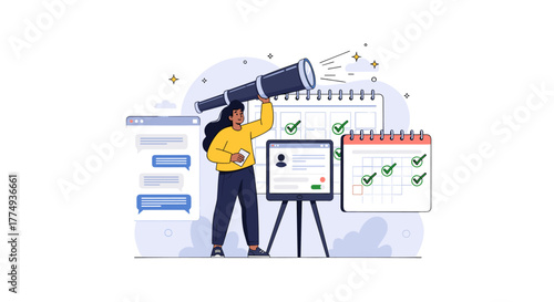 A woman with a telescope looks into the distance, symbolizing future planning and vision, while surrounded by elements of modern business and productivity, including a tablet displaying user