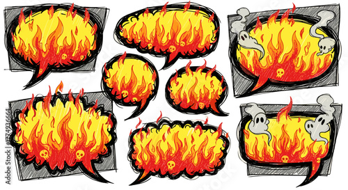 Collection of hand-drawn, crayon-style doodle speech bubbles filled with vibrant, fiery flames and subtle skull motifs, set against a black background, evoking a comic book aesthetic with a spooky