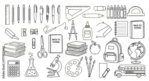 A comprehensive collection of hand-drawn school supplies and educational elements, perfect for back-to-school themes, stationery design, and wrapping paper. This doodle set includes pens, pencils