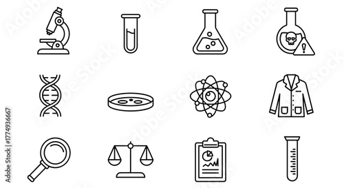 Set of laboratory icons, including experiment, test tube, microscope, flask, chemical, biology, research, lab, DNA, petri dish, atom, lab coat, magnifying glass, scales of justice, clipboard with
