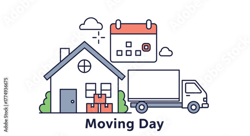 Moving Day Icons: A stylized illustration depicting the essential elements of a moving service, including a house icon, a moving truck, stacked boxes, a calendar marking the date, and fluffy clouds