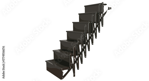 Modern black retractable attic stairs, a space-saving solution for accessing upper levels, featuring a sleek, foldable design with sturdy metal construction and multiple steps for safe ascent and