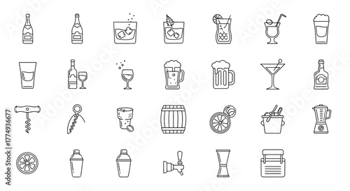 Collection of Simple Alcohol-Related Vector Line Icons, Featuring Champagne, Whisky, Cocktails, Shots, Beer Mugs, Wine Glasses, Barrels, and Bartending Tools, Perfect for Beverage and Hospitality
