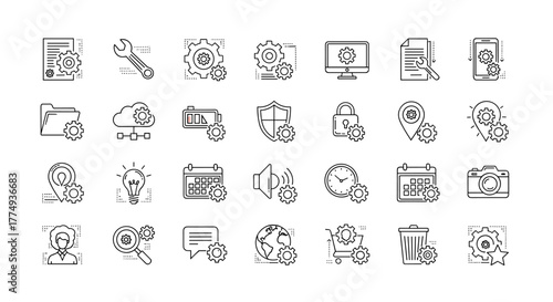 A comprehensive set of thin line icons representing setup and settings, featuring editable strokes, perfect for website marketing design, logos, apps, templates, and UI elements. This vector