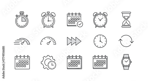 Collection of thin line icons representing time management, including a stopwatch, alarm clock, calendar with checkmark, hourglass, speedometers, fast forward symbol, circular arrows, gear with