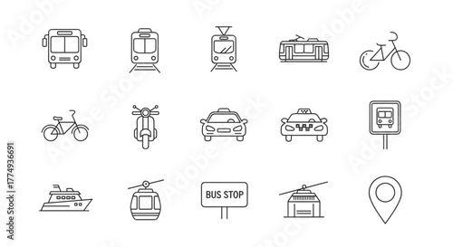 Collection of public transit line icons with editable stroke, showcasing diverse transportation modes including buses, trains, trams, taxis, scooters, bicycles, boats, cable cars, and a bus stop