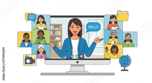 Vivid illustration of a teacher conducting a live video class with diverse students on a desktop screen, showcasing remote education and e-learning, ideal for communication and collaboration