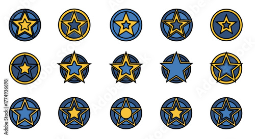 Collection of fifteen stylized star icons in blue and yellow, set within circular frames, featuring bold outlines and a clean, modern design suitable for logos, emblems, and graphic elements on a