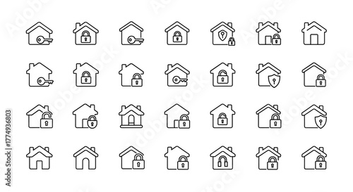 A collection of minimalistic linear house icons, each featuring a lock or key symbol, representing security, home ownership, and real estate concepts. These clean, outline-style pictograms are
