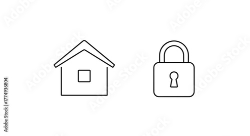 Minimalistic thin outline icon of a house and a lock, symbolizing security, privacy, and home protection. Ideal for web design, graphic design, app interfaces, banners, social networks, and greeting