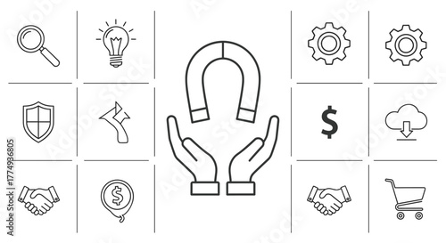 Collection of simple linear outline icons on a black background, featuring a magnet held over open hands, a magnifying glass, a lightbulb, gears, a shield, a dollar sign, a cloud with download arrow