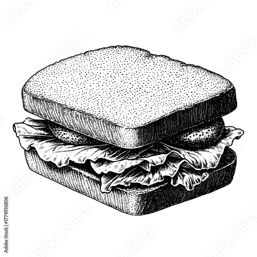 Engraved vector illustration of a delicious sandwich with fresh lettuce and soft bread