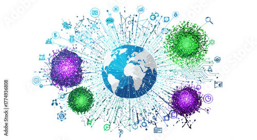 Vibrant global network connection concept visualizing big data and social network communication across interconnected computer networks, illustrating the power of internet technology and its impact