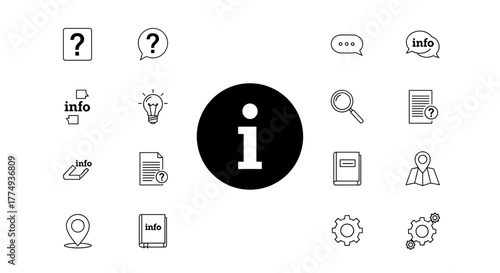 Information icons set, isolated on white background. A collection of vector graphic elements including question marks, speech bubbles, light bulb, magnifying glass, documents, map pin, book, gears