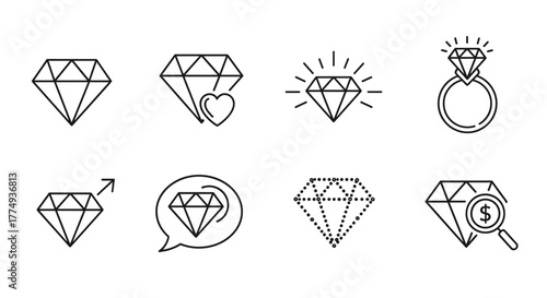 Set of eight diamond icons in a thin line style, featuring a single diamond, a diamond with a heart, a sparkling diamond, a diamond on a ring, a diamond with an arrow indicating growth, a diamond in