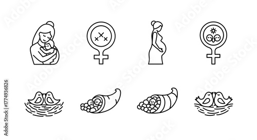 Outline icon set of cultural motherhood symbols, including a mother and child icon, fertility symbol, nesting birds, and other representations of maternal care and family bonds, presented in a clean