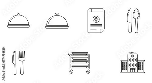 Collection of simple line icons representing hospital food services and medical elements, including covered trays, a medical chart, cutlery, a meal cart, and a hospital building, presented on a clean