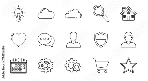 Thin line icon set, vector cartoon illustration with a white background, ordered set, try to avoid text, ordered line icon set on white background, thin line icons for web and mobile applications