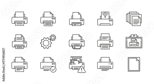 Set of 15 line art icons representing printers and printing processes, including wireless connectivity, document stacks, error alerts, and readiness indicators, all rendered with a chalk-like texture