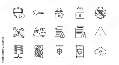 Cybersecurity icon set featuring data protection elements like antivirus, password security, privacy shields, padlocks, network connections, hacker symbols, warning signs, and more, presented as