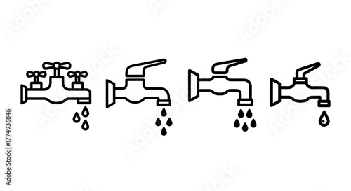 Set of four black and white faucet icons with water droplets in a simplistic line art style, representing different types of taps and water flow, presented on a clean white background for versatile