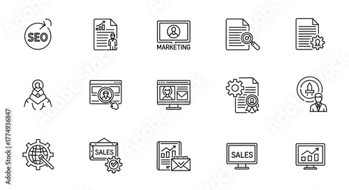 Digital marketing icon set including SEO, content, website, social media, sales, and online advertising concepts, presented as a solid vector symbol collection for business and technology