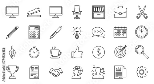 A comprehensive collection of outline vector icons representing various aspects of office work, including essential equipment, tools, stationery, and worker-related elements, presented in a clean