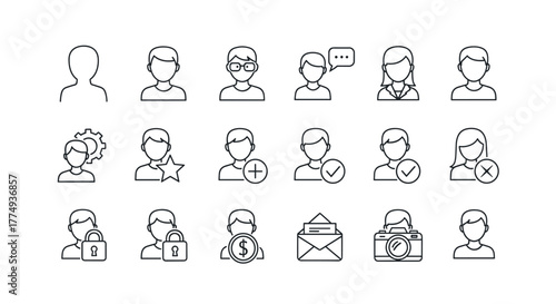 Collection of diverse avatar line icons and outline signs, perfect for graphic and web design, apps, adverts, and various cards. This vector cartoon illustration features a range of user profiles