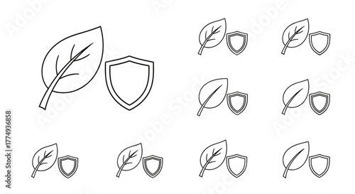 Minimalistic line icon of a green leaf next to a shield, symbolizing protection, nature, and environmental safety. This versatile vector graphic is ideal for web design, app interfaces, banners