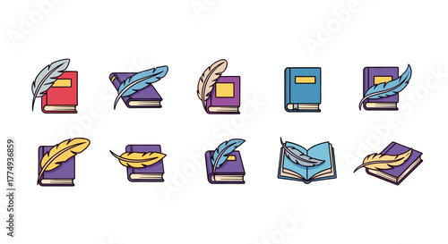 Collection of cartoon-style book and feather icons, representing stories, literature, and writing. This set includes various colored books with quill pens, symbolizing knowledge, education, and