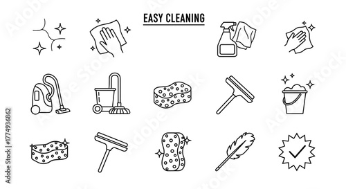 Clean Surface Icon Set: A comprehensive collection of vector illustrations for mobile and web design, featuring easy cleaning concepts and ordered line icons on a pristine white background, perfect