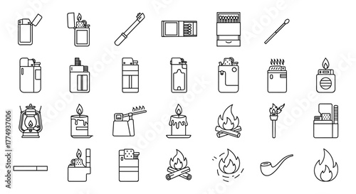 Collection of outline icons representing various lighters, matches, candles, lanterns, and fire elements, perfect for graphic design, web design, apps, and advertising. This vector cartoon