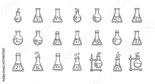 Collection of outline laboratory flasks and beakers with bubbling liquids, presented in a linear, cartoon illustration style, perfect for graphic design, web development, app interfaces