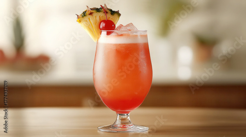 Caribbean Cooler cocktail summery tropical drink served in curved glass pineapple slice and cherry garnish, set on a light wooden surface.