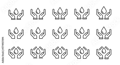Modern outline style icon of a water drop held gently between two cupped hands, symbolizing care, conservation, and purity. This versatile vector graphic is perfect for apps, social networks, design