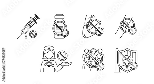 Set of minimalistic line art icons representing prohibition and restrictions in healthcare and social contexts, including vaccination, medical treatment, and public gatherings, on a white background