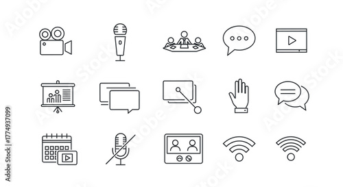 A comprehensive set of thin line icons representing video conferencing, online meetings, and virtual communication, presented on a clean white background for clarity and versatility in digital design
