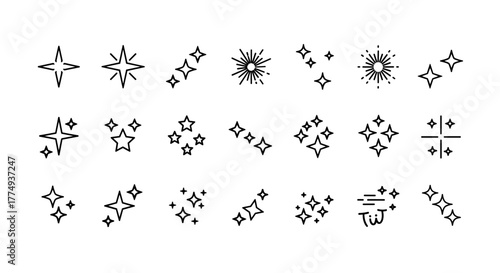Sparkling and starry thin icon pack, perfect for web, books, cards, and apps. This editable stroke vector cartoon illustration features a white background, adding a touch of magic and wonder to any