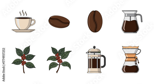 A vibrant and detailed vector illustration set showcasing the essence of coffee, featuring a steaming cup, roasted beans, fresh coffee cherries on a branch, a classic French press, and elegant