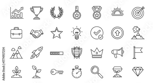 Collection of minimalist business and achievement icons, featuring editable stroke vector art for growth, success, and win symbols, ideal for presentations and digital design, representing concepts