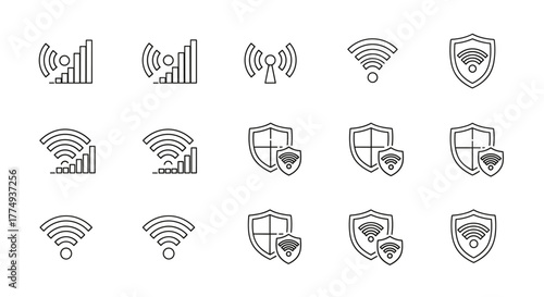Set of minimalistic line icons representing Wi-Fi signal strength and security, including signal bars, Wi-Fi symbols, and shields with Wi-Fi icons, suitable for web, graphic design, apps, banners